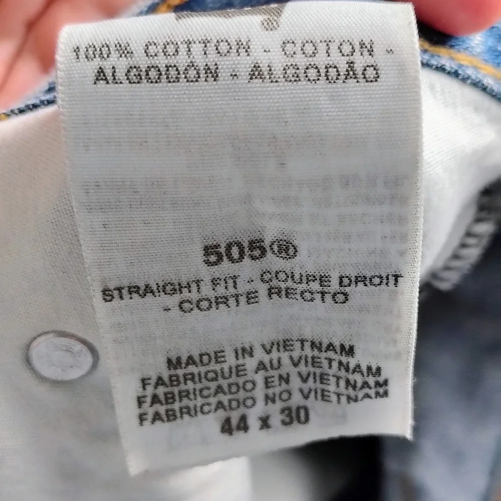 Levis 505 Straight Fit Mens Blue Denim Jeans‎ 44x30 Hemmed to 26.5 Inseam Medium